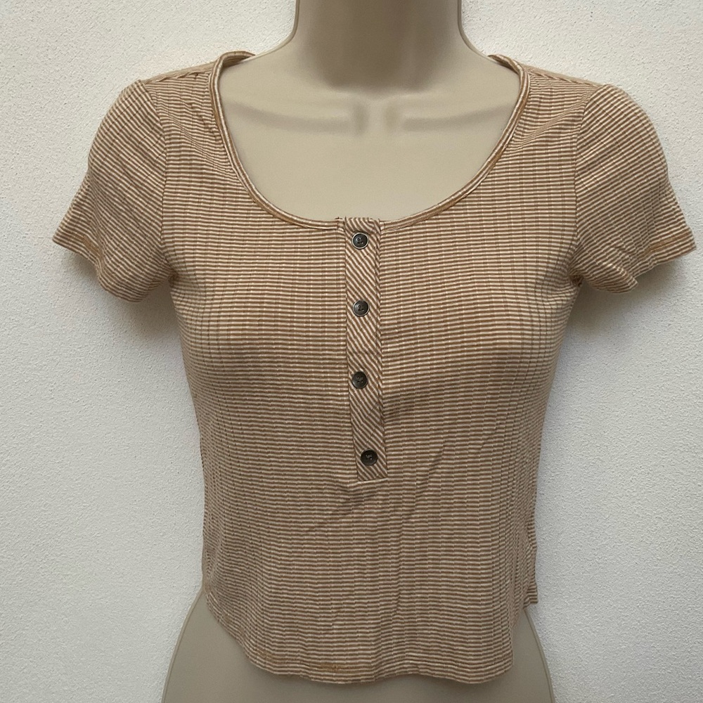 American Eagle Tan, White Striped Button Front Short Sleeve Top Size XXS Soft